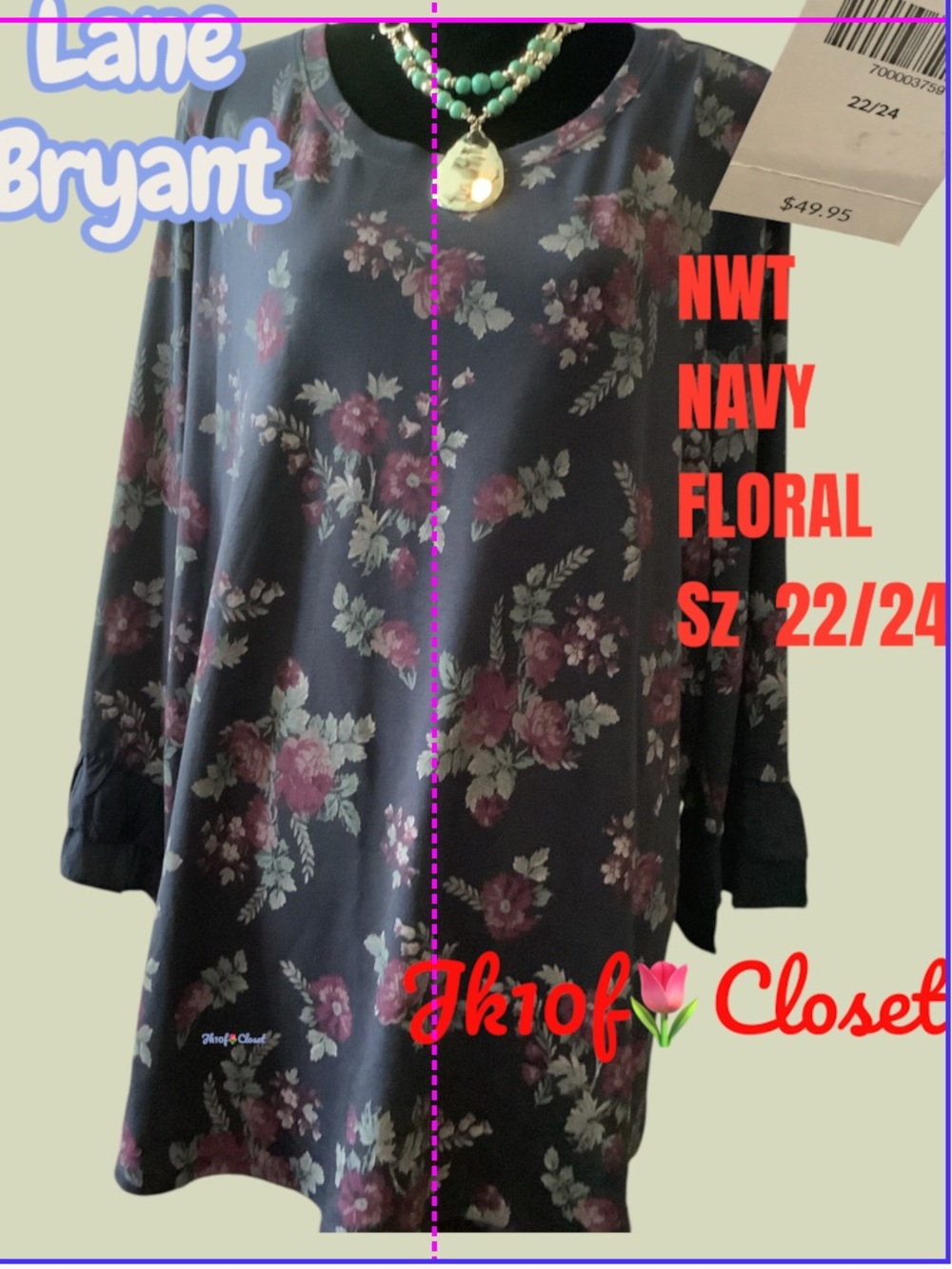 LOWEST🌺 NWT LANE BRYANT Sz 22/24 NAVY FLORAL 3/4 SLEEVE TUNIC TOP